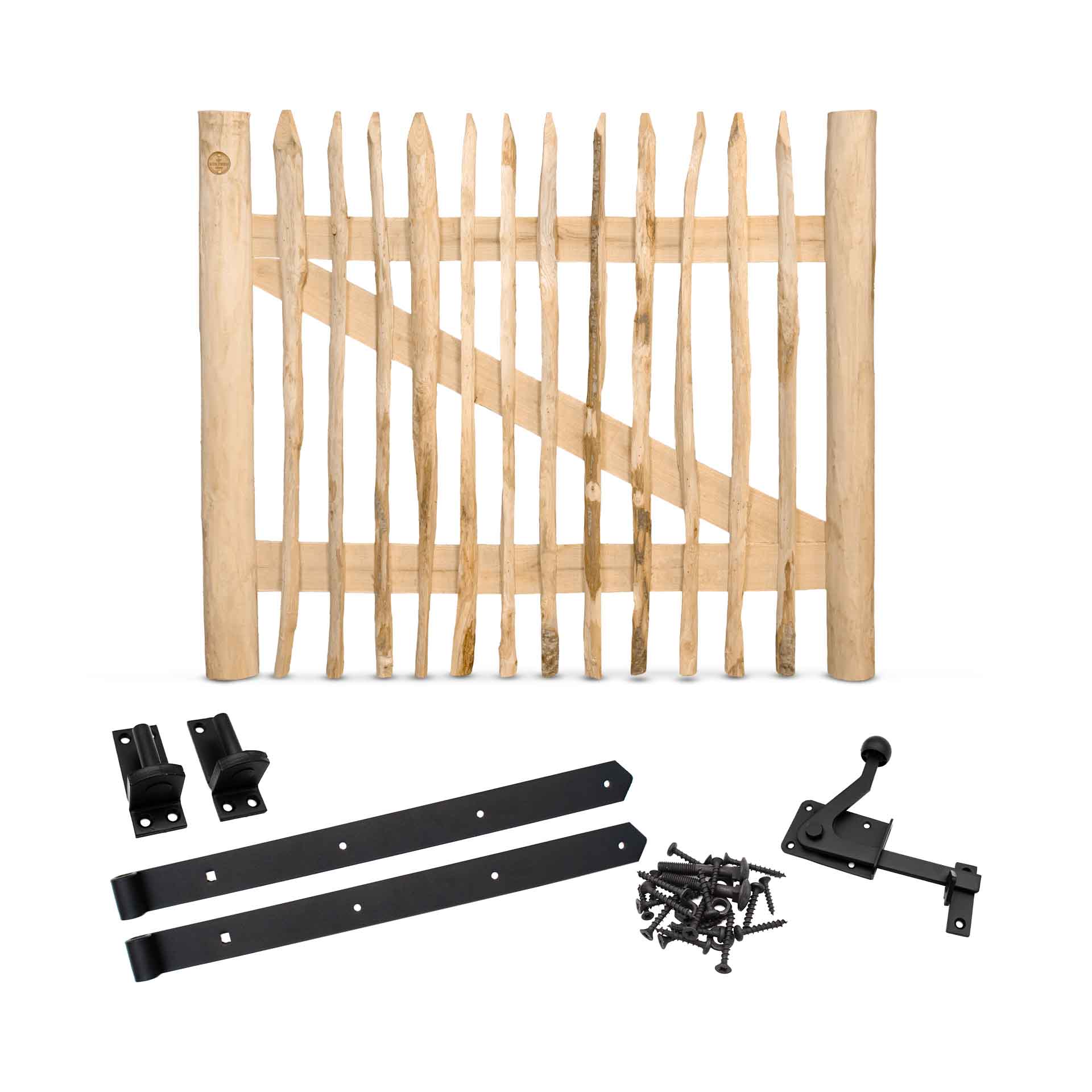 Staketenzaun-Tor Set (schwarz) aus Edelkastanie, Breite 120 cm, Höhe 100 cm (genagelte Ausführung)