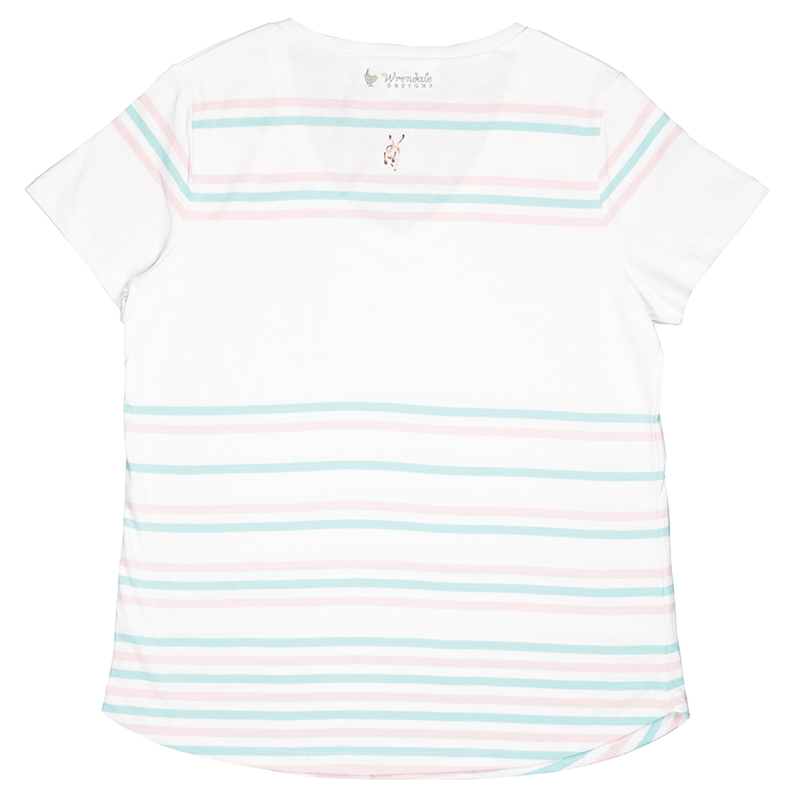 Wrendale T-Shirt, weiß mit Streifen in mint und rosa, Motiv Hase macht Männchen, verschiedene Größen Medium Wrendale T-Shirt, weiß mit Streifen in mint und rosa, Motiv Hase macht Männchen, verschiedene Größen Medium