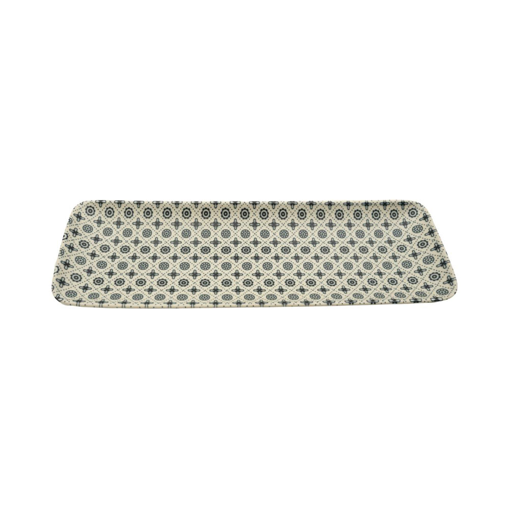Augusta, Servierplatte, rechteckig, Feinsteinzeug, Florales Muster, blauschwarz/creme, 37x12x3cm Augusta, Servierplatte, rechteckig, Feinsteinzeug, Florales Muster, blauschwarz/creme, 37x12x3cm
