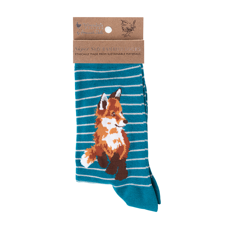 Wrendale Socken "Born to be wild", Motiv Fuchs, petrol  mit Streifen