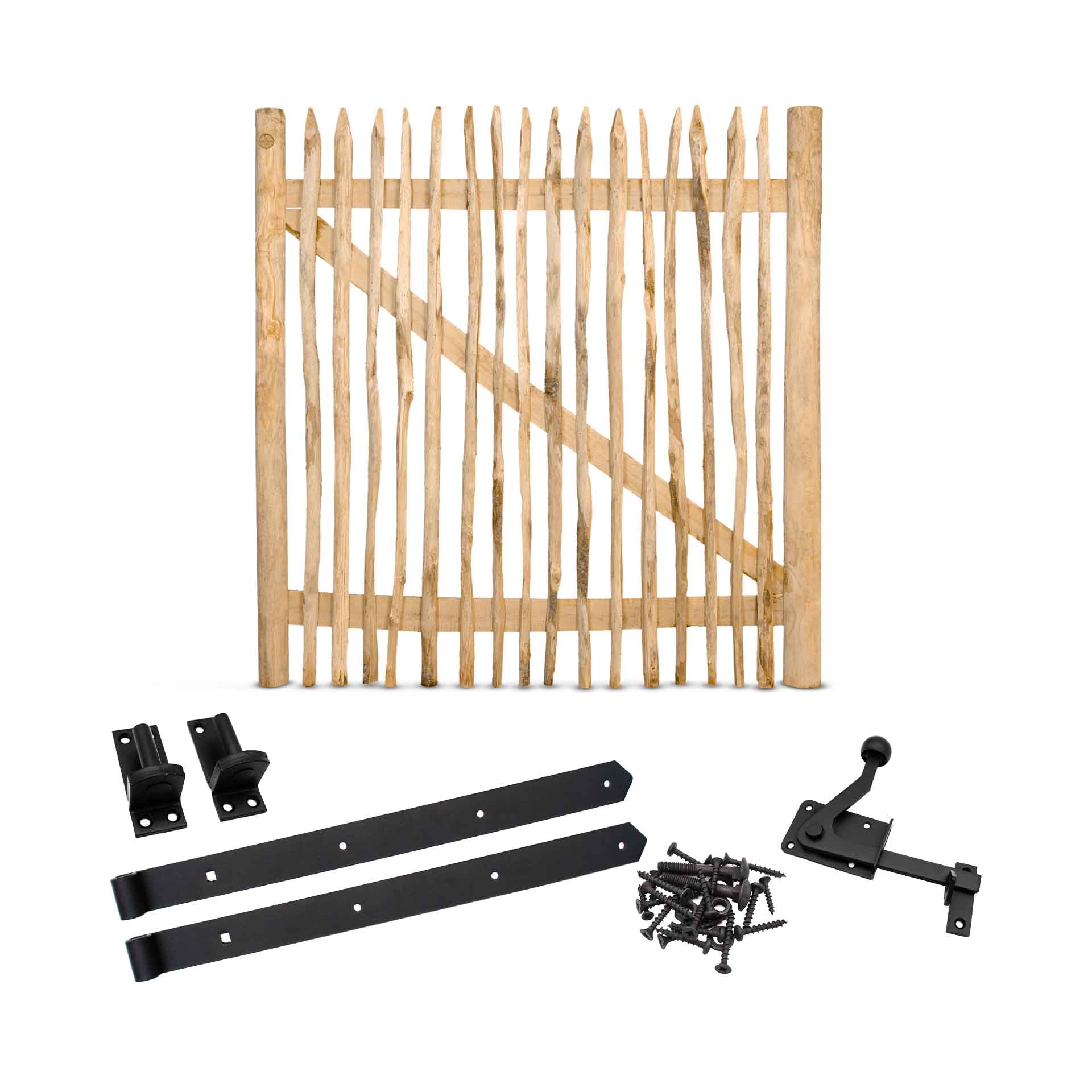 Staketenzaun-Tor Set (schwarz) aus Edelkastanie, Breite 150 cm, Höhe 150 cm (genagelte Ausführung)