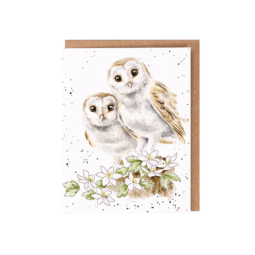 Wrendale Doppelkarte mit Umschlag, Motiv Eulenpaar  mit Blumen, Hooting for you