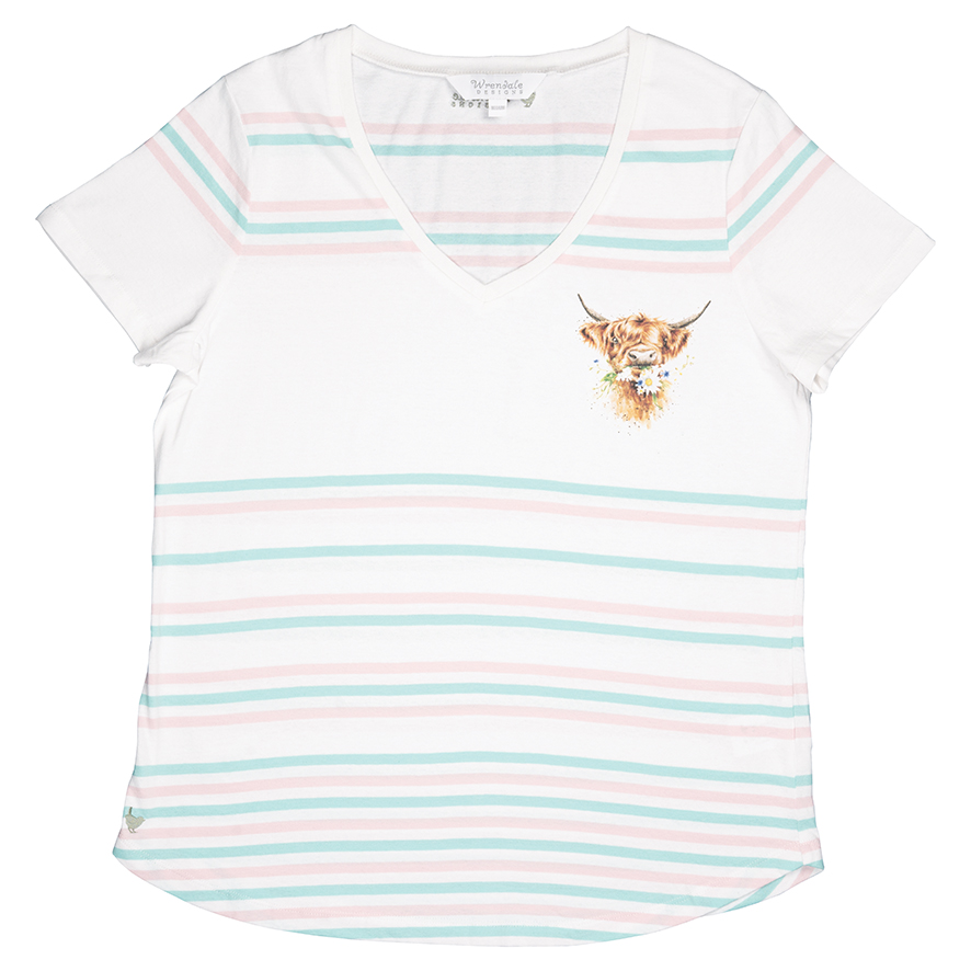 Wrendale T-Shirt, weiß mit Streifen in mint und rosa, Motiv Kälbchen mit Schmetterling, Small Wrendale T-Shirt, weiß mit Streifen in mint und rosa, Motiv Kälbchen mit Schmetterling, Small