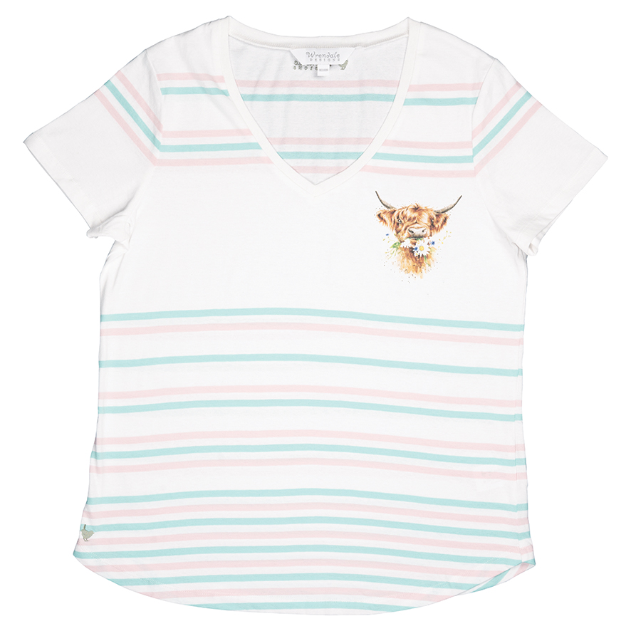 Wrendale T-Shirt, weiß mit Streifen in mint und rosa, Motiv Kälbchen mit Schmetterling, Extra Large