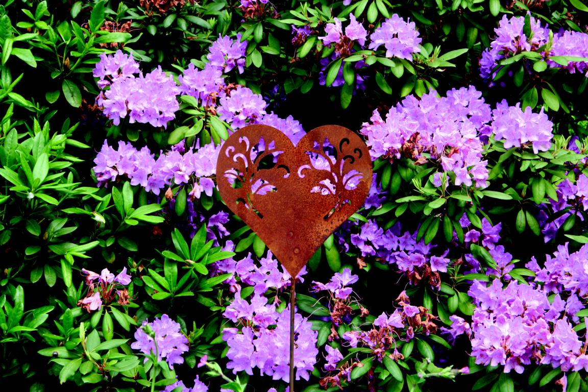 Herz mit Blumenornament auf Stab, Stab 100 cm, edelrost, Rost, 30x30 cm