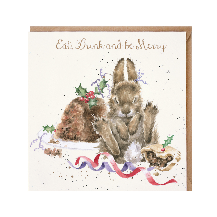 Wrendale Doppelkarte Weihnachten mit Umschlag, Frohe Weihnachten, Motiv sattes Häschen " Eat, Drink an be Merry" Wrendale Doppelkarte Weihnachten mit Umschlag, Frohe Weihnachten, Motiv sattes Häschen " Eat, Drink an be Merry"