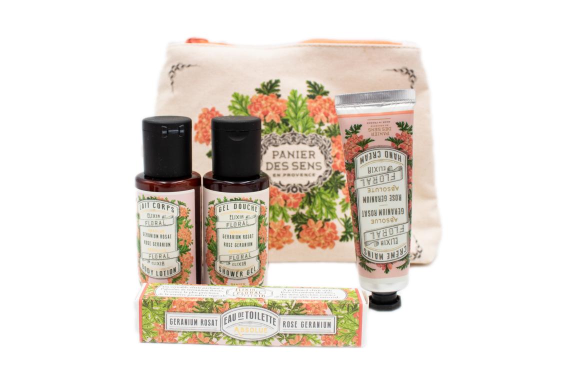 Panier des Sens Reiseset Rosengeranie Duschgel 50 ml, Körperlotion 50 ml, Handcreme 30ml, Eau de Toilette 3,5ml