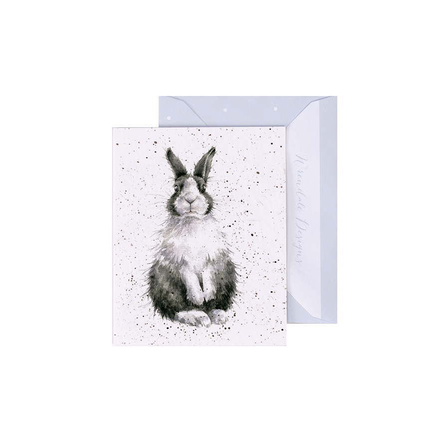 Wrendale Mini-Karte mit Umschlag, Motiv Hase schwarz weiß sitzt auf Hinterläufen, Hop it