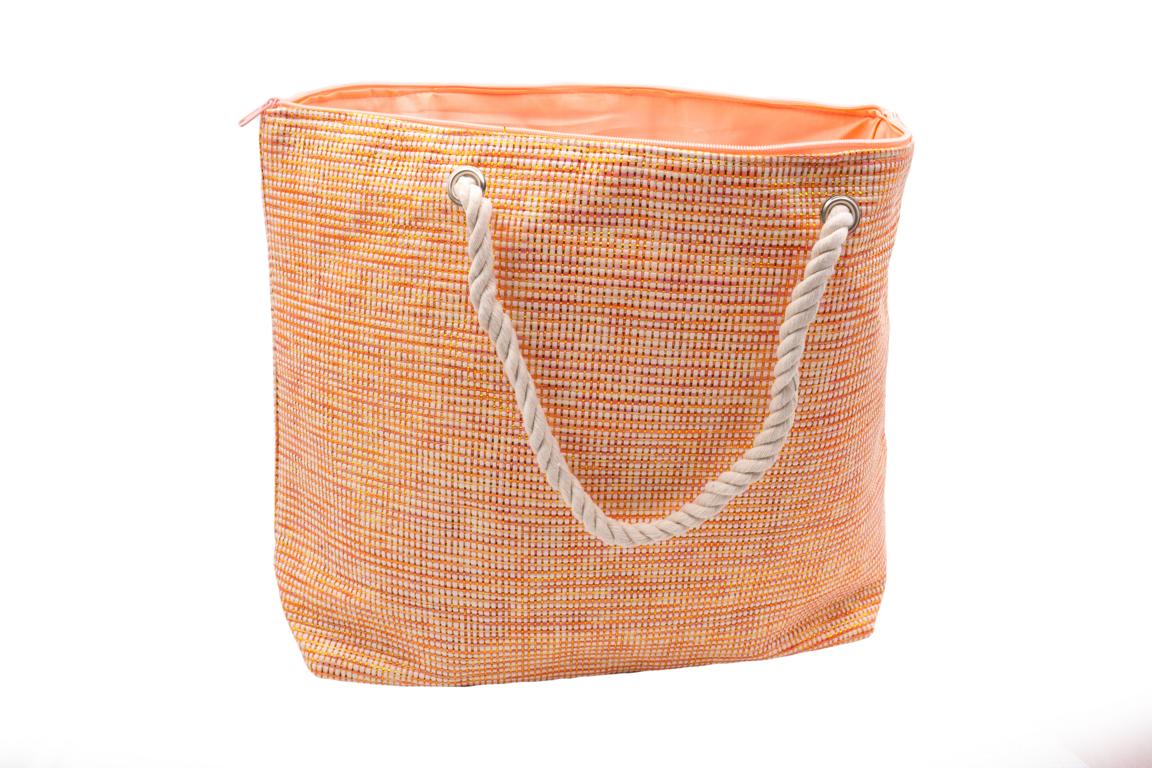 Strandtas in geweven look, oranje met goud, koord als handvat Strandtas in geweven look, oranje met goud, koord als handvat