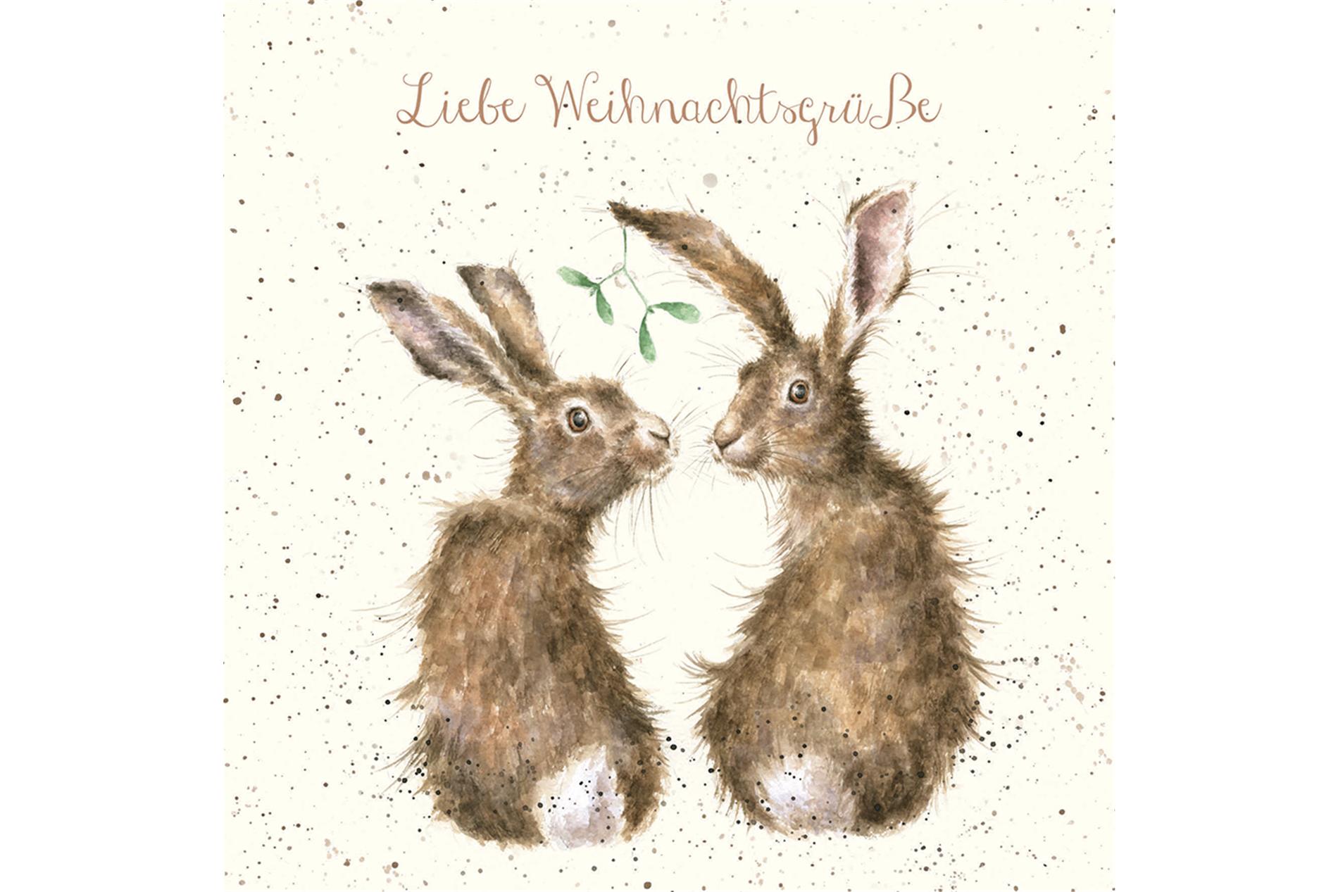 Wrendale Doppelkarte Weihnachten mit Umschlag, Liebe Weihnachtsgrüße, Motiv Hasen & Mistelzweig "All I want for Christmas"