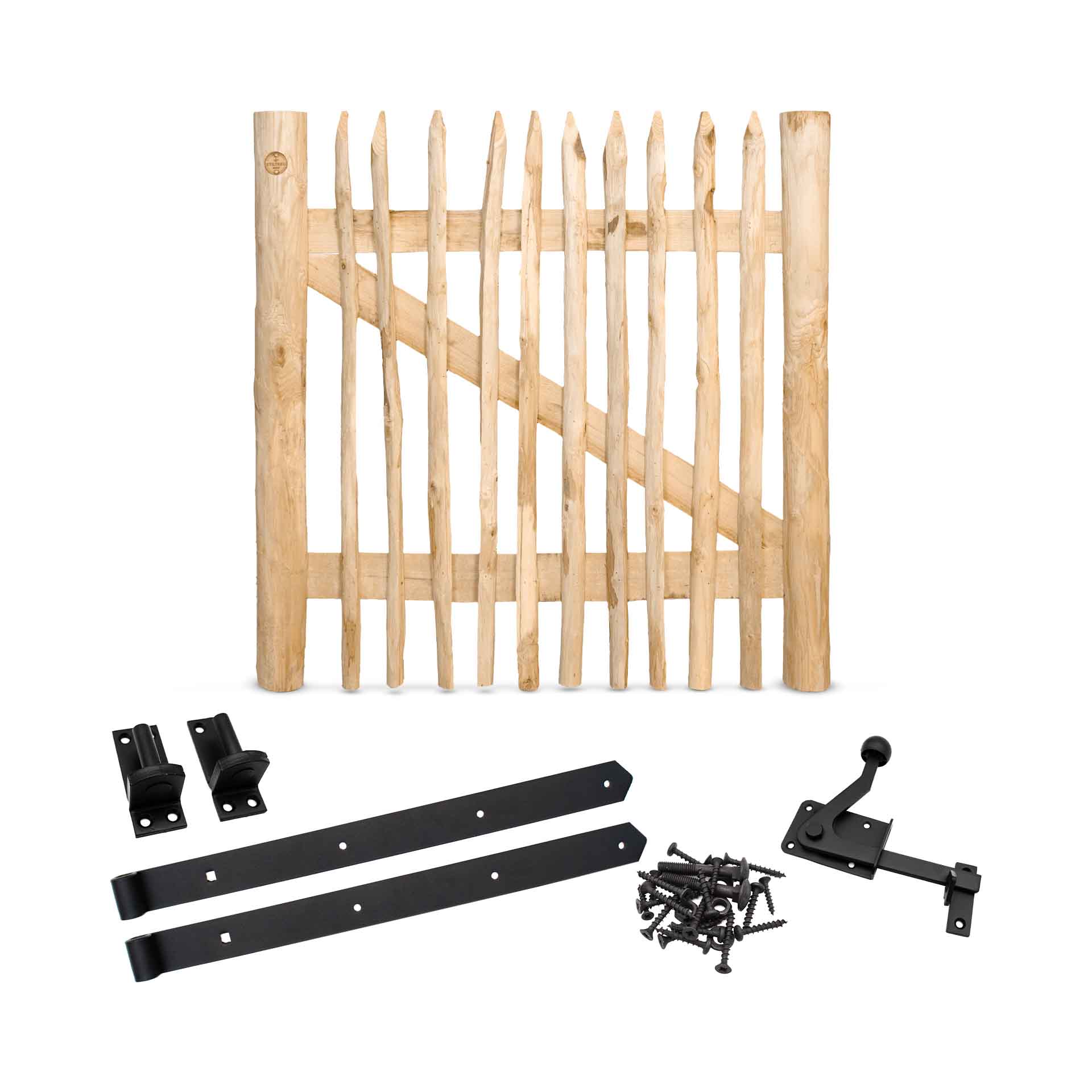 Staketenzaun-Tor Set (schwarz) aus Edelkastanie, Breite 100 cm, Höhe 100 cm (genagelte Ausführung)