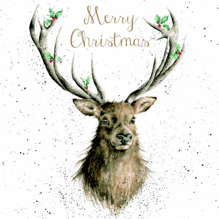 Wrendale Weihnachtskarten Set Merry Christmas, Motiv Hirsch, 8 Karten mit Umschlag und Text, 12x12 cm