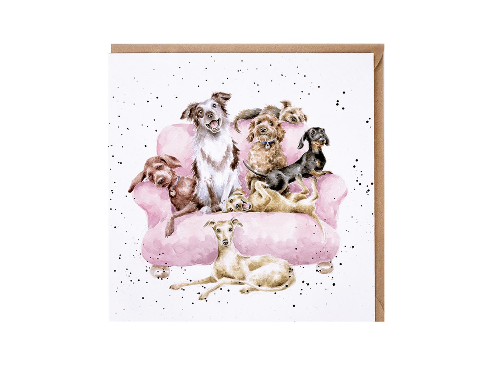 Wrendale Doppelkarte Movie Night mit Umschlag, viele Hunde auf Sofa Quadratisch, 15x15 cm