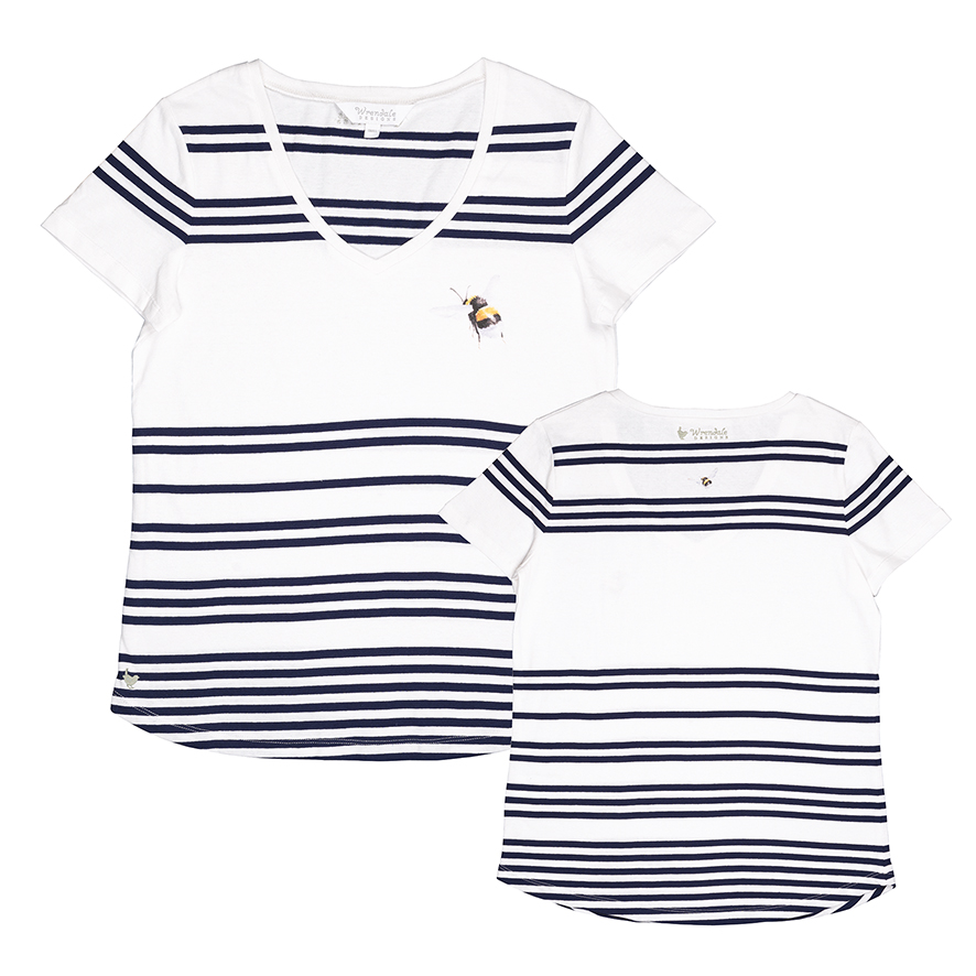 Wrendale T-Shirt, weiß mit Streifen in dunkelblau, Motiv Hummel, Medium