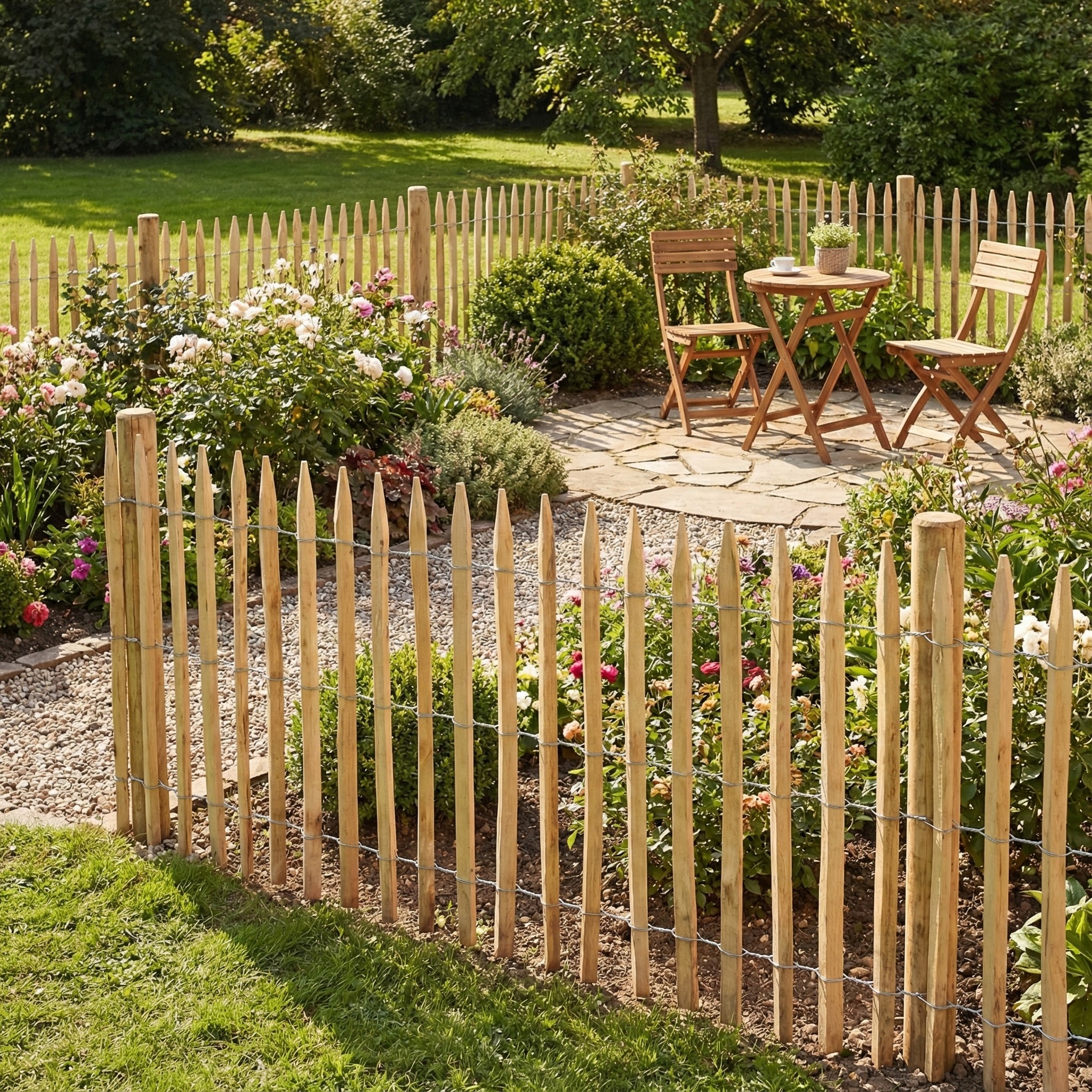 Premium Staketenzaun aus Robinie (gesägt) - Länge 5 Meter, Höhe 120 cm, Lattenabstand 6-7 cm