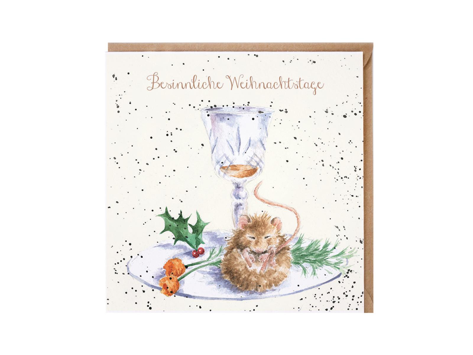 Wrendale Doppelkarte Weihnachten mit Umschlag,Besinnliche Weihnachtstage, Motiv Maus sitzt auf Weihnachtsteller "Santa´s Little Helper"