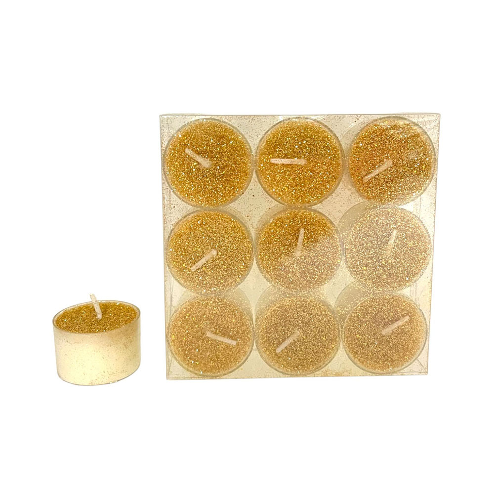 Teelicht, 9er Set, Farbe weiß mit Goldglitzer