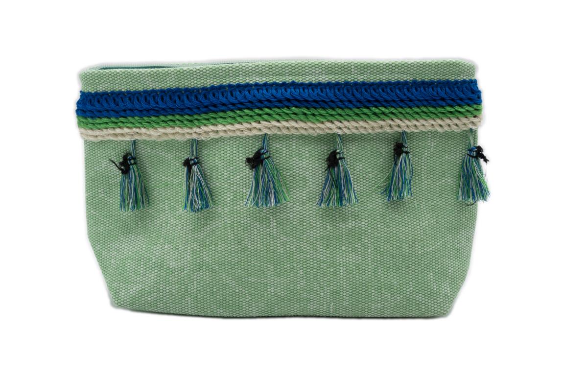 Kleine Kosmetiktasche, grün mit Troddeln und Reißverschluss