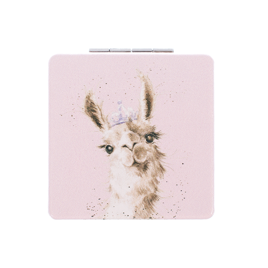 Wrendale Taschenspiegel zum klappen in Geschenkschachtel, Motiv Lama mit Krone, rosa,7x7cm