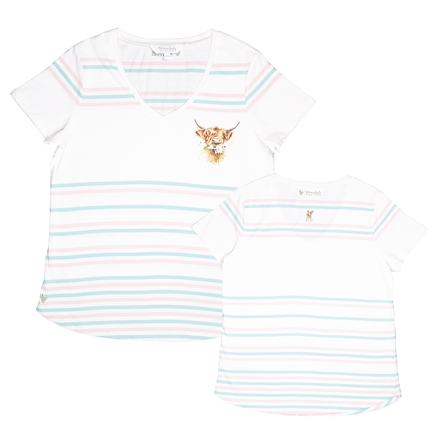 Wrendale T-Shirt, weiß mit Streifen in mint und rosa, Motiv Kälbchen mit Schmetterling, Medium