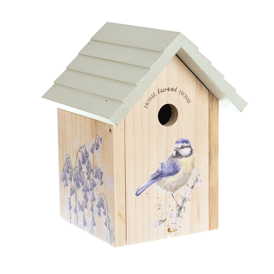 Wrendale Vogelhaus aus Holz, Motiv Blaumeise & Blumen, 15,5x15x28 cm