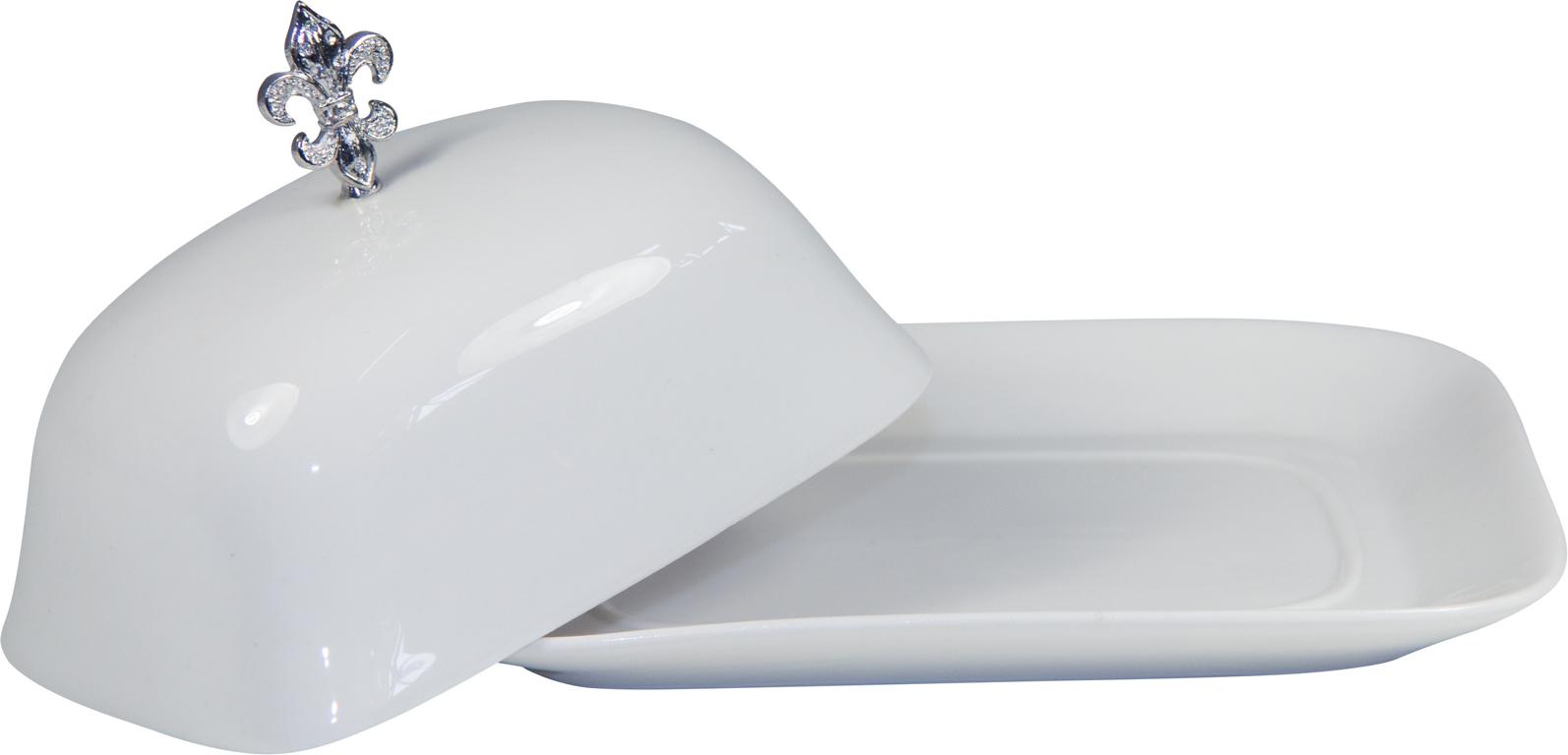 Butterdose aus Porzellan, mit Lilie in silber, für 1/4 Stück Butter, weiß, 16,5x13x8,5cm