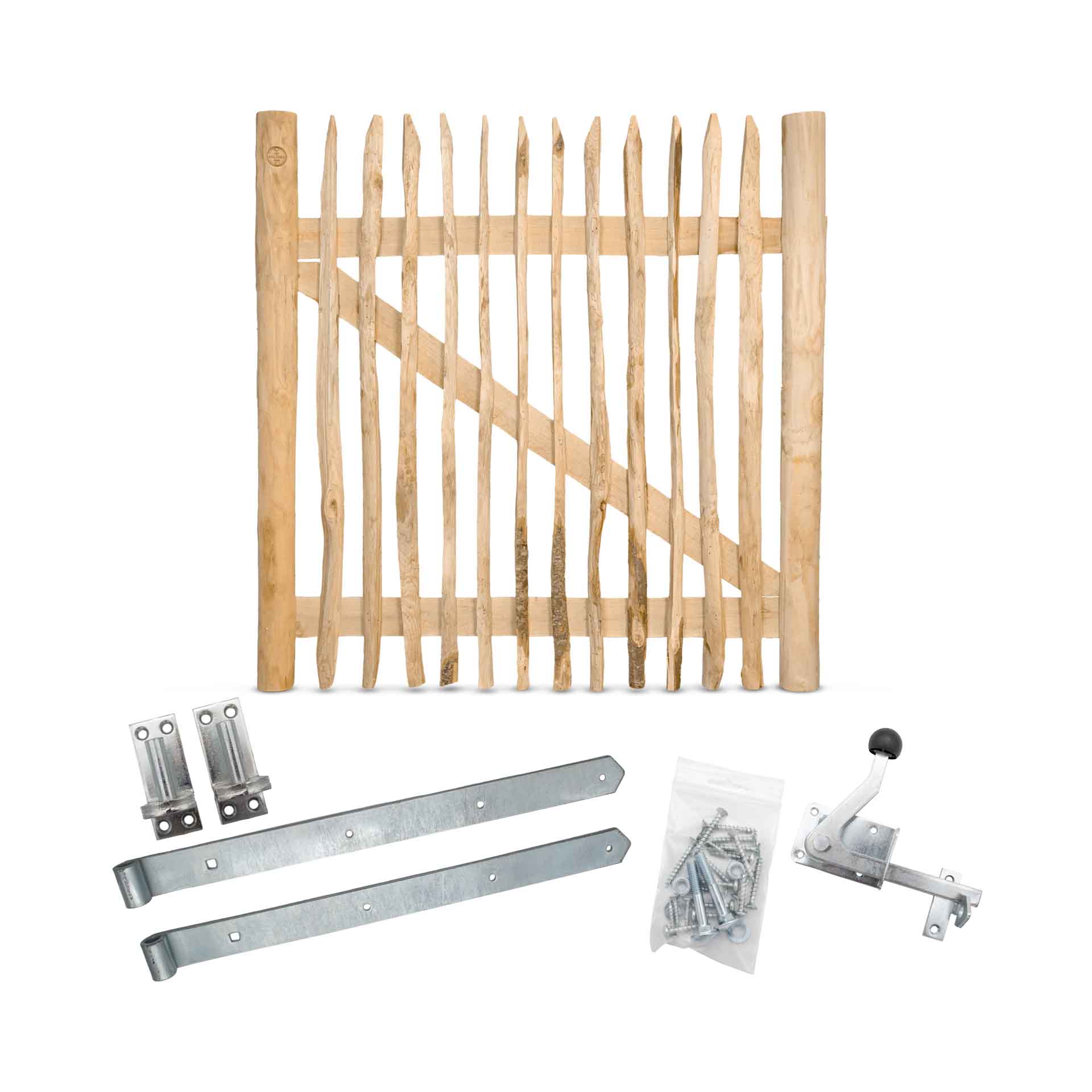 Classic Staketenzaun-Tor Set (silber) aus Edelkastanie, Breite 120 cm, Höhe 120 cm (genagelte Ausführung) Classic Staketenzaun-Tor Set (silber) aus Edelkastanie, Breite 120 cm, Höhe 120 cm (genagelte Ausführung)