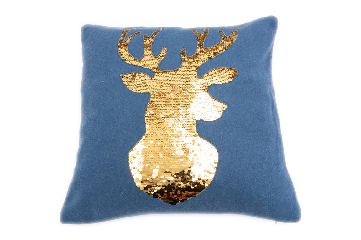 kussenhoes Davos met gouden hertenkop, blauw, 40x40 cm kussenhoes Davos met gouden hertenkop, blauw, 40x40 cm