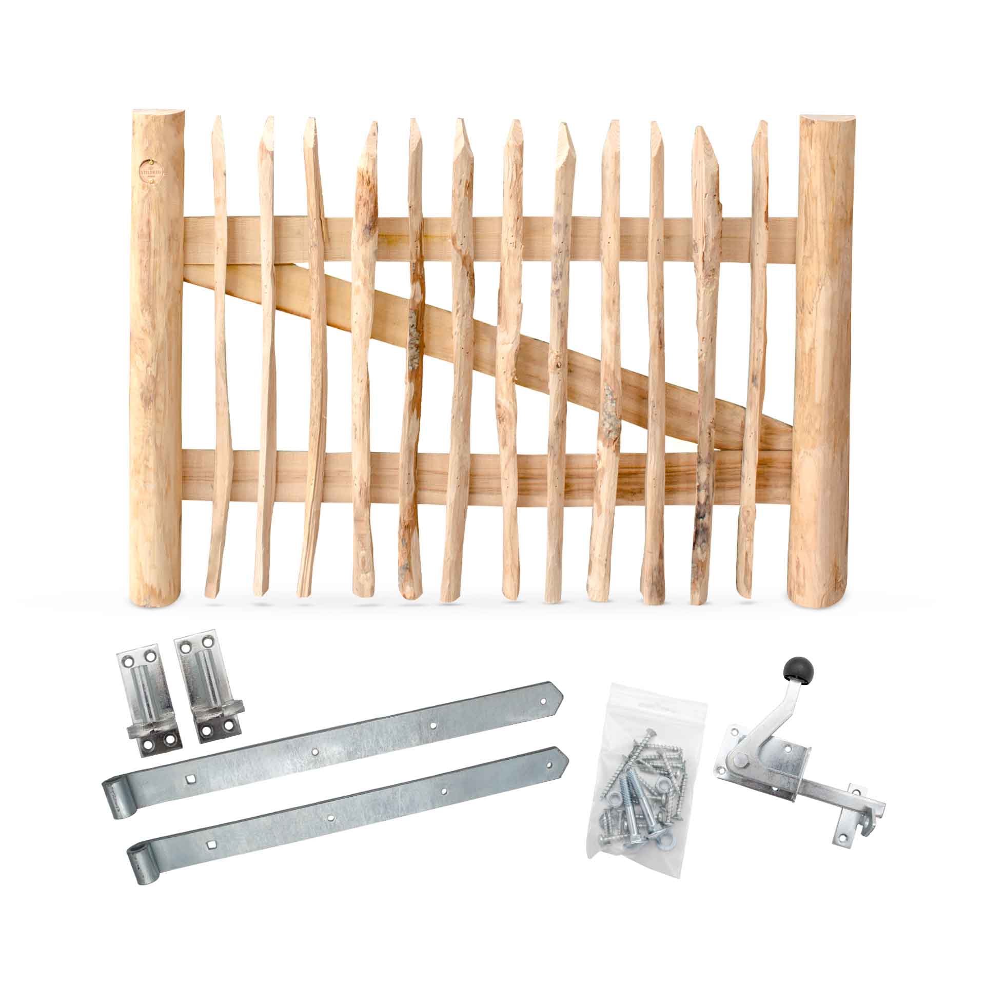 Staketenzaun-Tor Set (silber) aus Edelkastanie, Breite 120 cm, Höhe 80 cm (genagelte Ausführung)