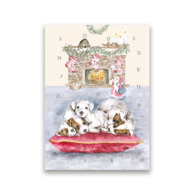 Wrendale Bilder-Adventskalender, Motiv Hundewelpen vor einem Kamin All I Want for Christmas" DIN A4