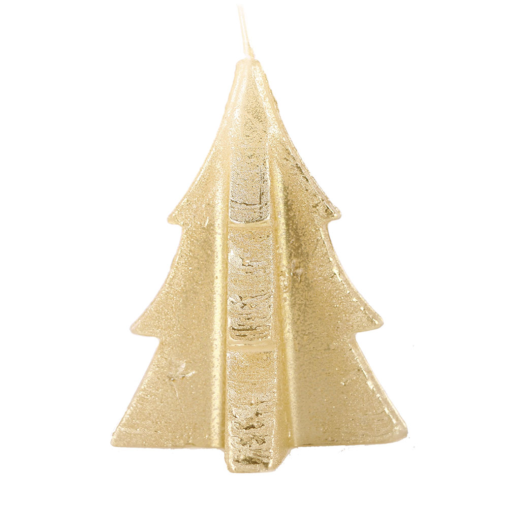 Kerze in Tannenbaumoptik, Gold, 6x9cm, Brenndauer 4 Stunden Kerze in Tannenbaumoptik, Gold, 6x9cm, Brenndauer 4 Stunden