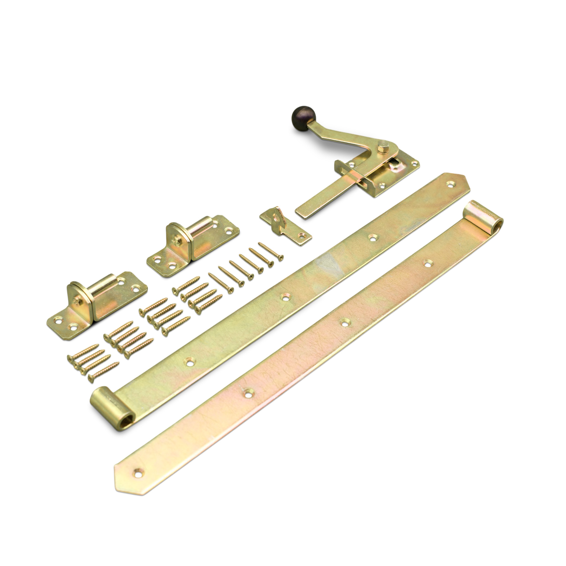 Fitting set for picket fence and paling fence gates and garden gates, yellow galvanized