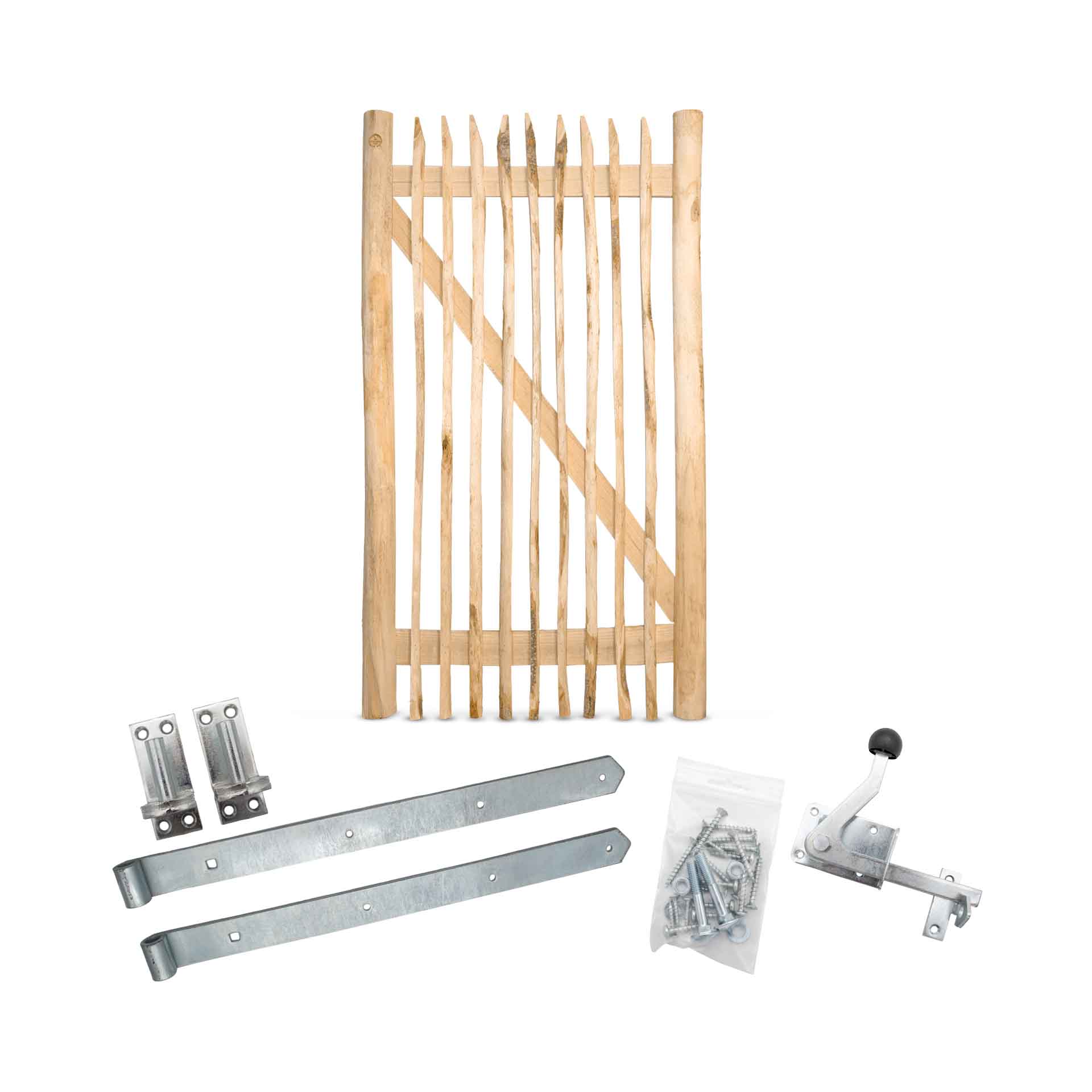 Staketenzaun-Tor Set (silber) aus Edelkastanie, Breite 100 cm, Höhe 180 cm (genagelte Ausführung)