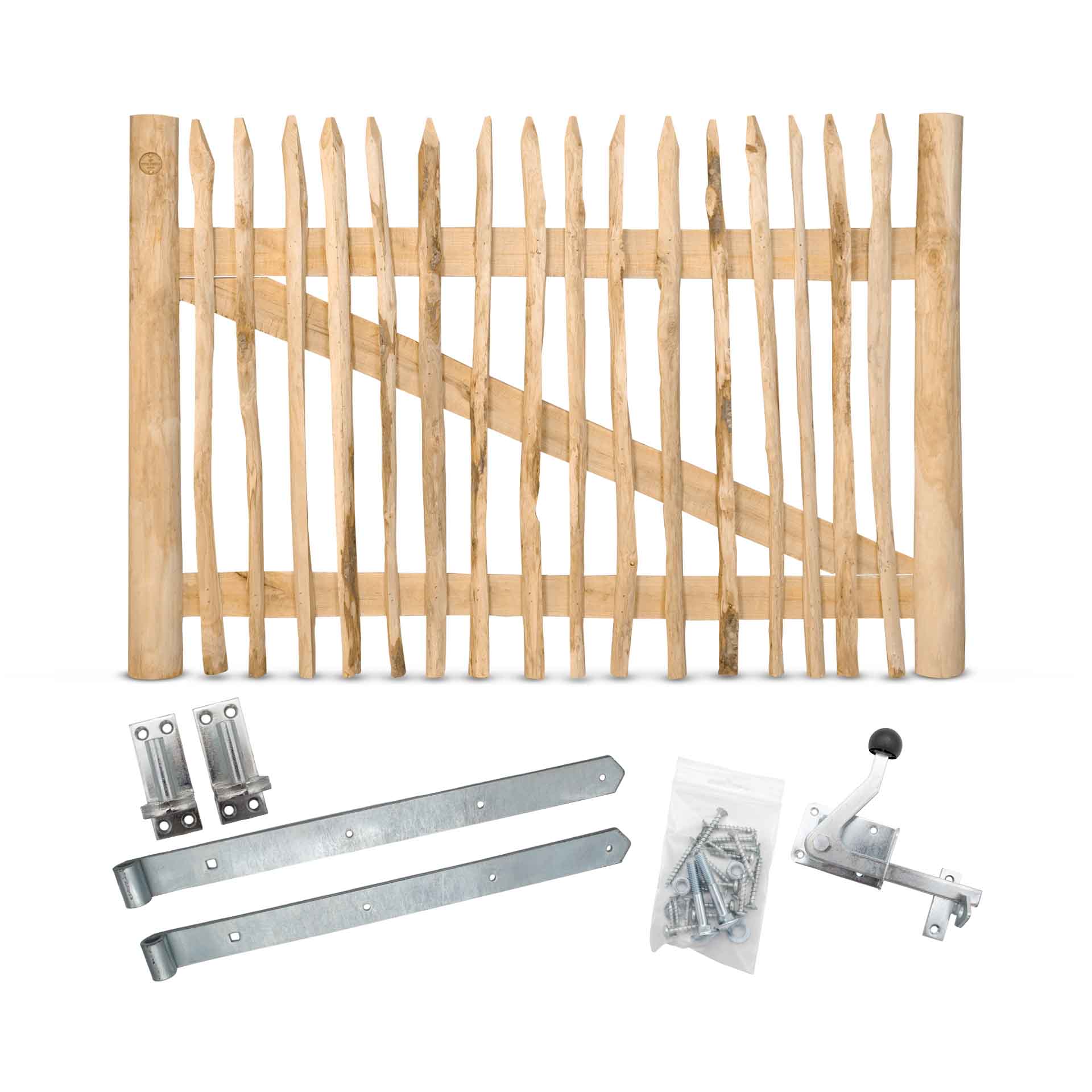 Staketenzaun-Tor Set (silber) aus Edelkastanie, Breite 150 cm, Höhe 100 cm (genagelte Ausführung)