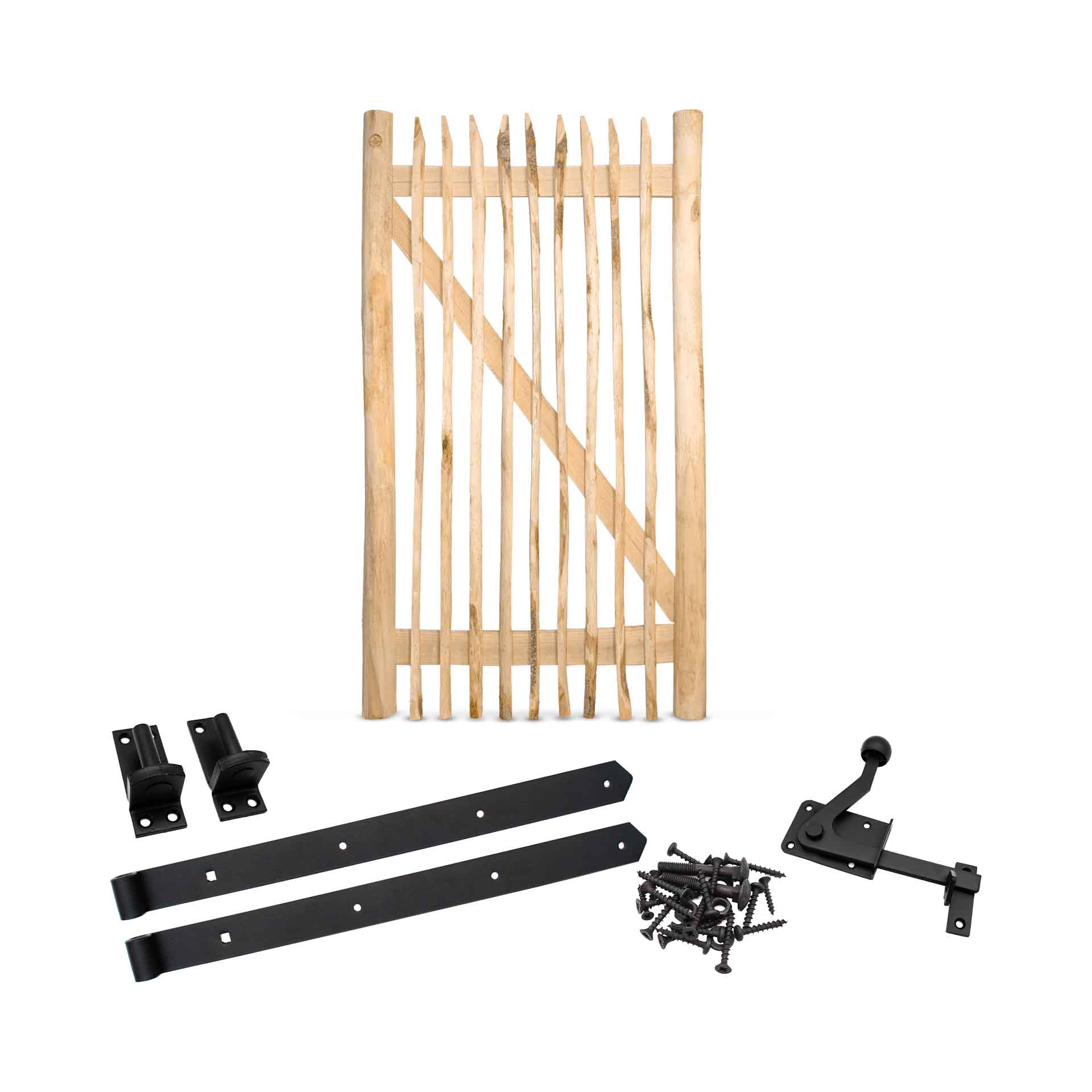 Staketenzaun-Tor Set (schwarz) aus Edelkastanie, Breite 100 cm, Höhe 180 cm (genagelte Ausführung)