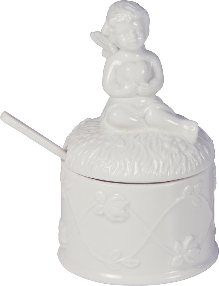 Porzellan Dose/ Marmeladentopf, mit Löffel, mit Engel auf dem Deckel, weiß, 14x8,5cm