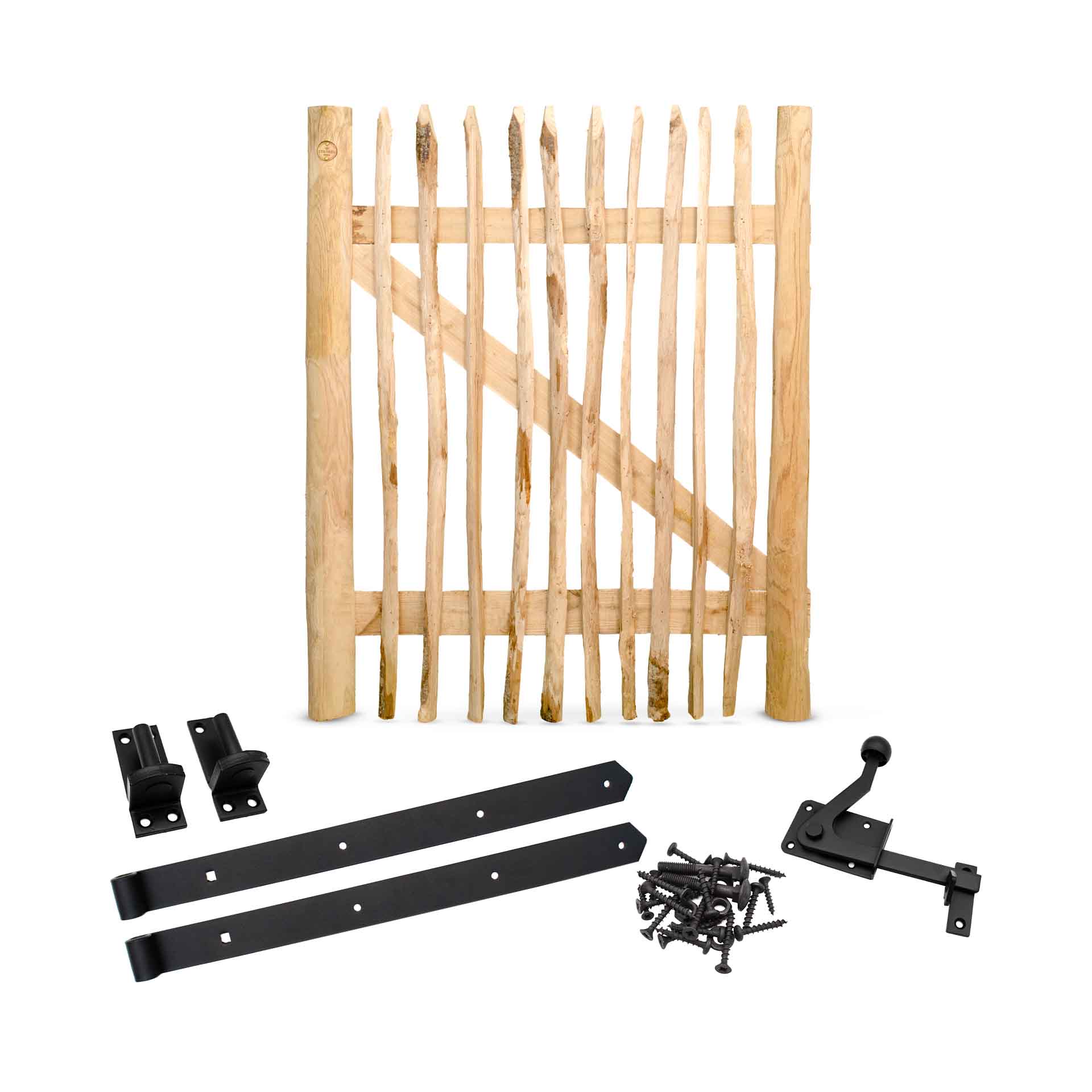 Staketenzaun-Tor Set (schwarz) aus Edelkastanie, Breite 100 cm, Höhe 120 cm (genagelte Ausführung)