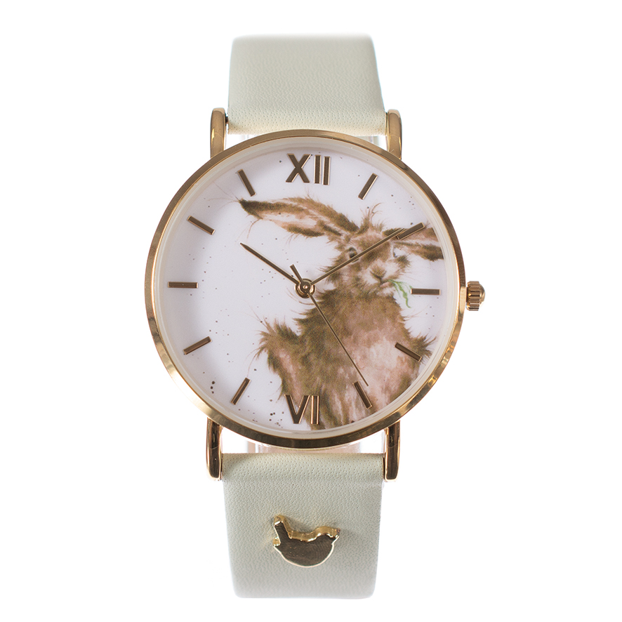 Wrendale Armbanduhr mit grünem Lederarmband, Motiv Hase, in Geschenkkarton