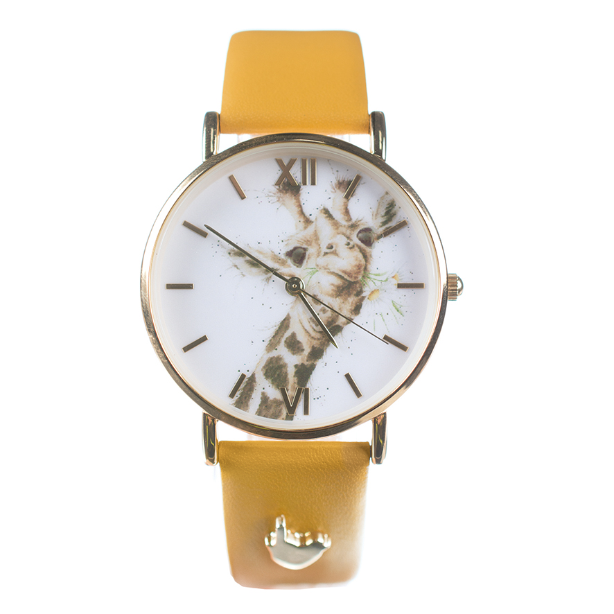 Wrendale Armbanduhr mit gelbem Lederarmband, Motiv Giraffe, in Geschenkkarton