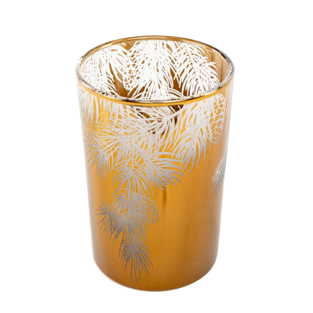 Teelichtglas gold mit weißen Tannenzweigen mittel, 12x12x17,5 cm Teelichtglas gold mit weißen Tannenzweigen mittel, 12x12x17,5 cm