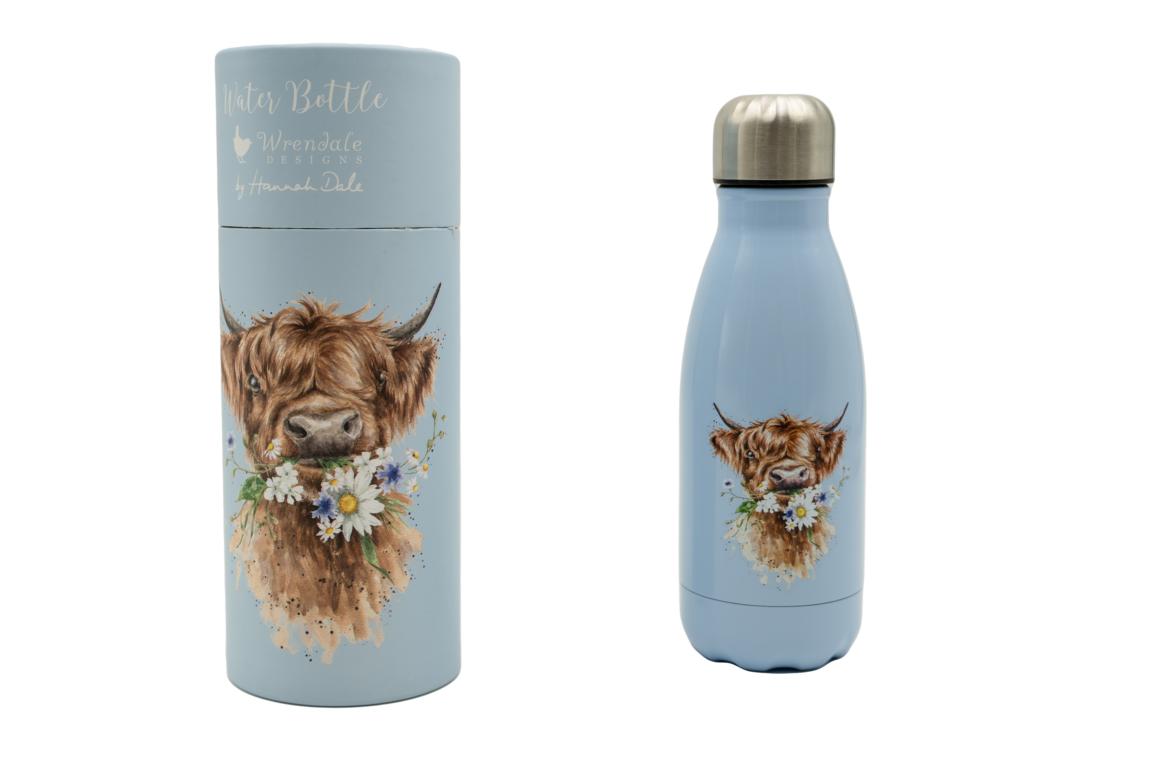 Wrendale kleine Trinkflasche in Geschenkverpackung, Motiv Hochlandrind, hellblau, 260ml