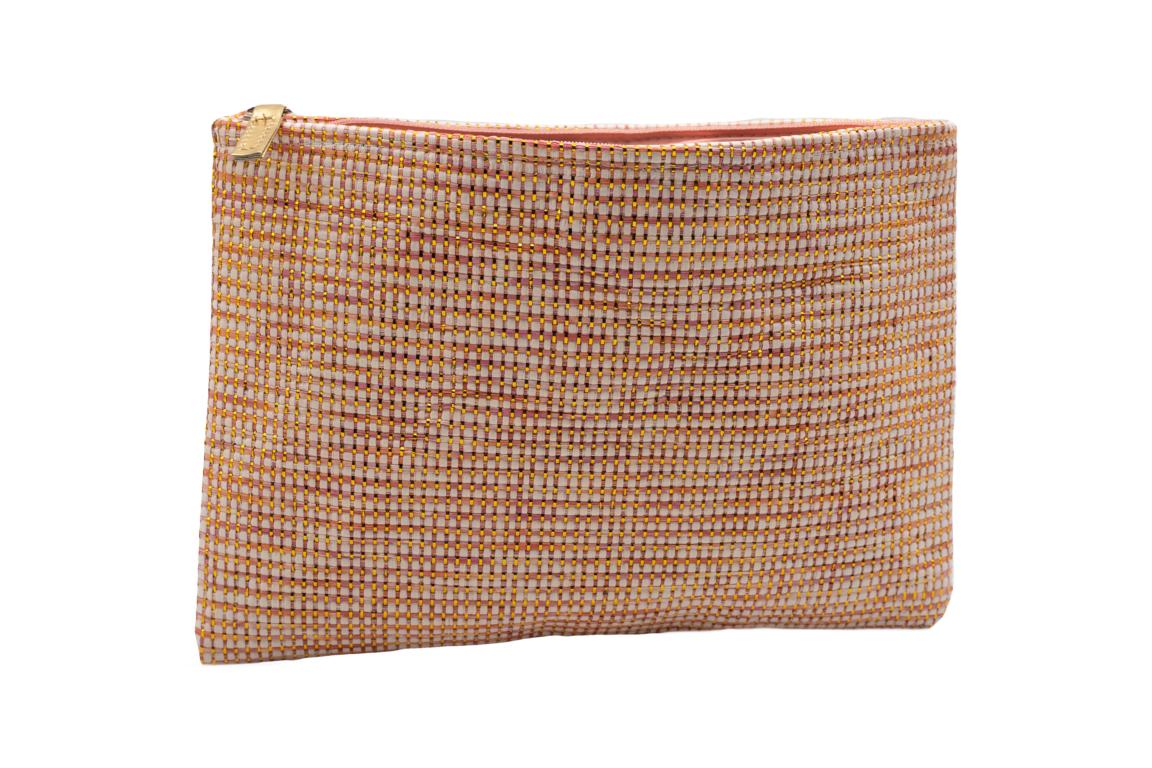 Kosmetiktasche, Weboptik, Orange mit Gold, Reißverschluss, 28x20 cm