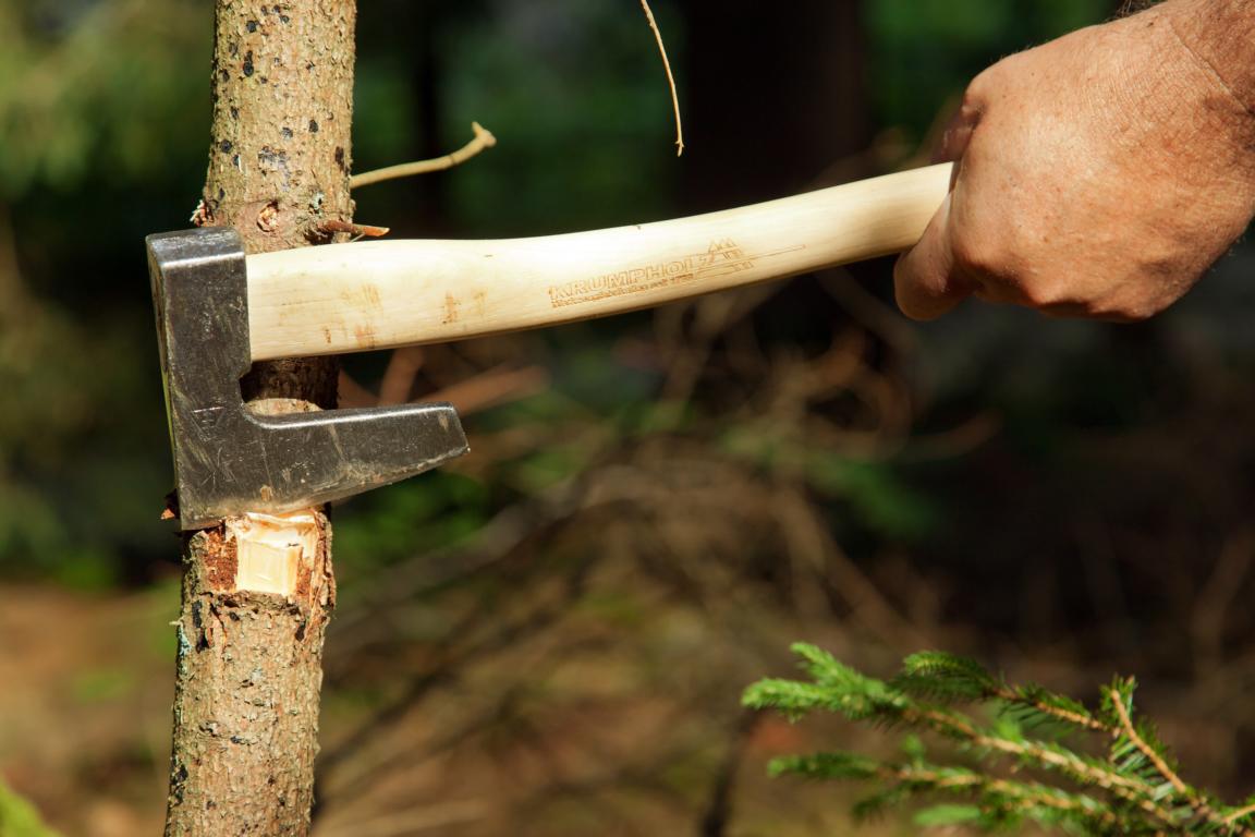 Krumpholz, jagersbijl met hickory koeienhuid handvat en leren beschermer Krumpholz, jagersbijl met hickory koeienhuid handvat en leren beschermer