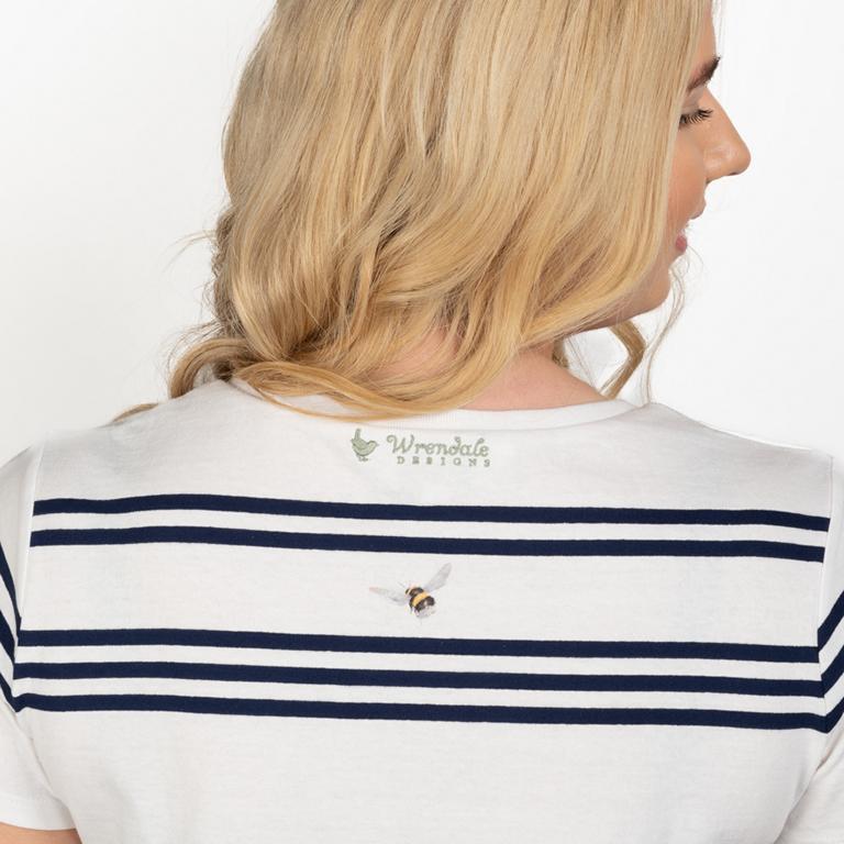 Wrendale T-Shirt, weiß mit Streifen in dunkelblau, Motiv Hummel, Medium