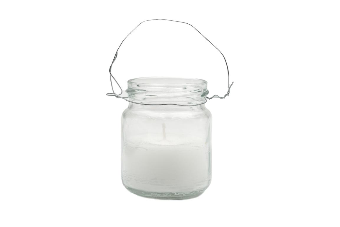 Windlicht, klein mit Drahtbügel, aus Glas, mit weißer Kerze, 6,8x8,7cm, Brenndauer 20 h