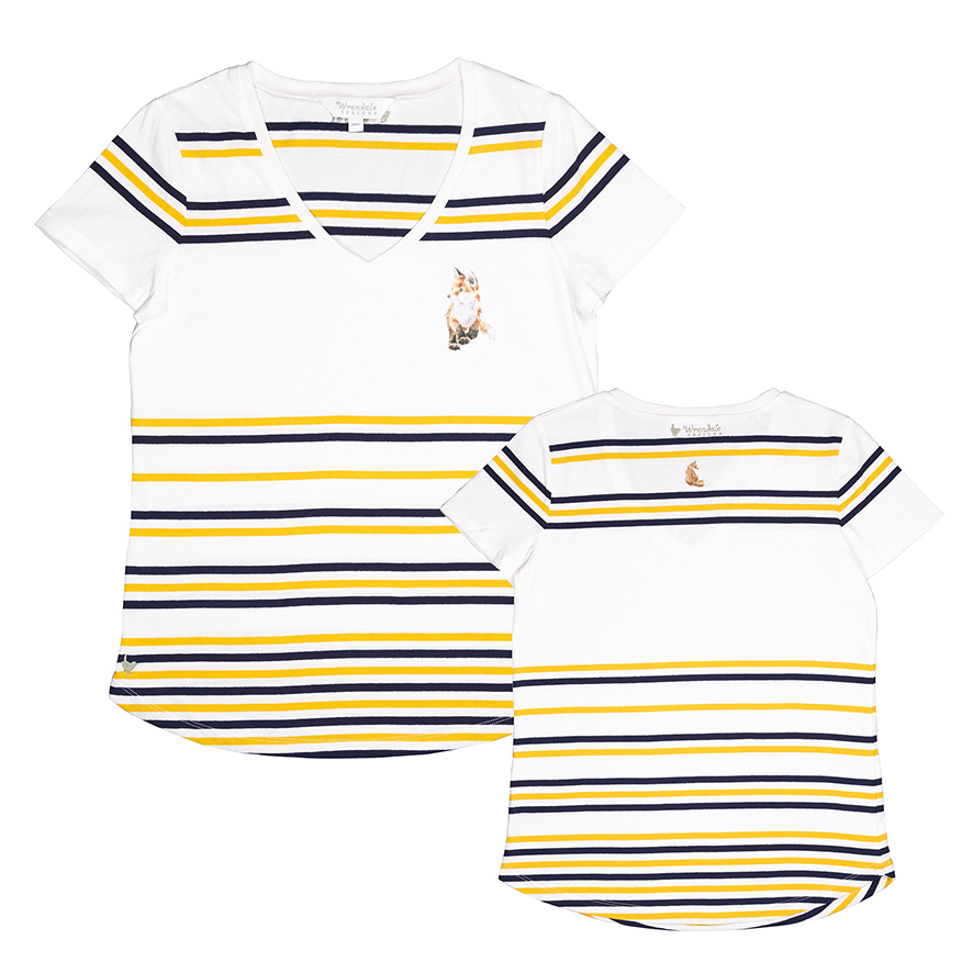 Wrendale T-shirt, wit met strepen in geel en donkerblauw, vossenwelpmotief, verschillende maten Extra Large Wrendale T-shirt, wit met strepen in geel en donkerblauw, vossenwelpmotief, verschillende maten Extra Large