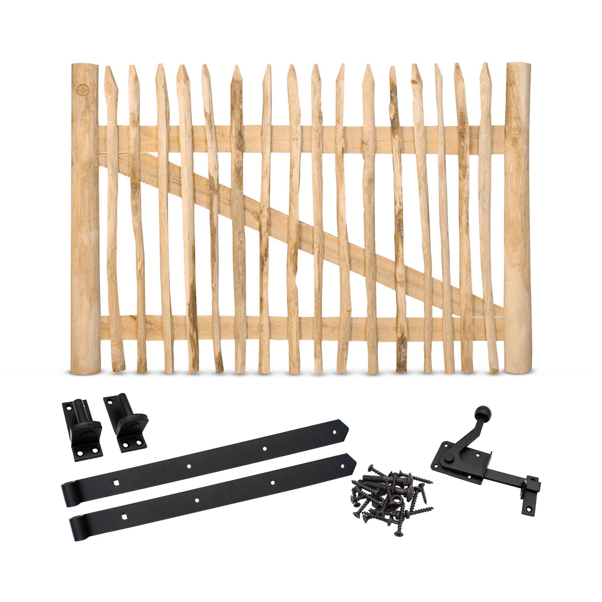 Classic Staketenzaun-Tor Set (schwarz) aus Edelkastanie, Breite 170 cm, Höhe 100 cm (genagelte Ausführung) Classic Staketenzaun-Tor Set (schwarz) aus Edelkastanie, Breite 170 cm, Höhe 100 cm (genagelte Ausführung)