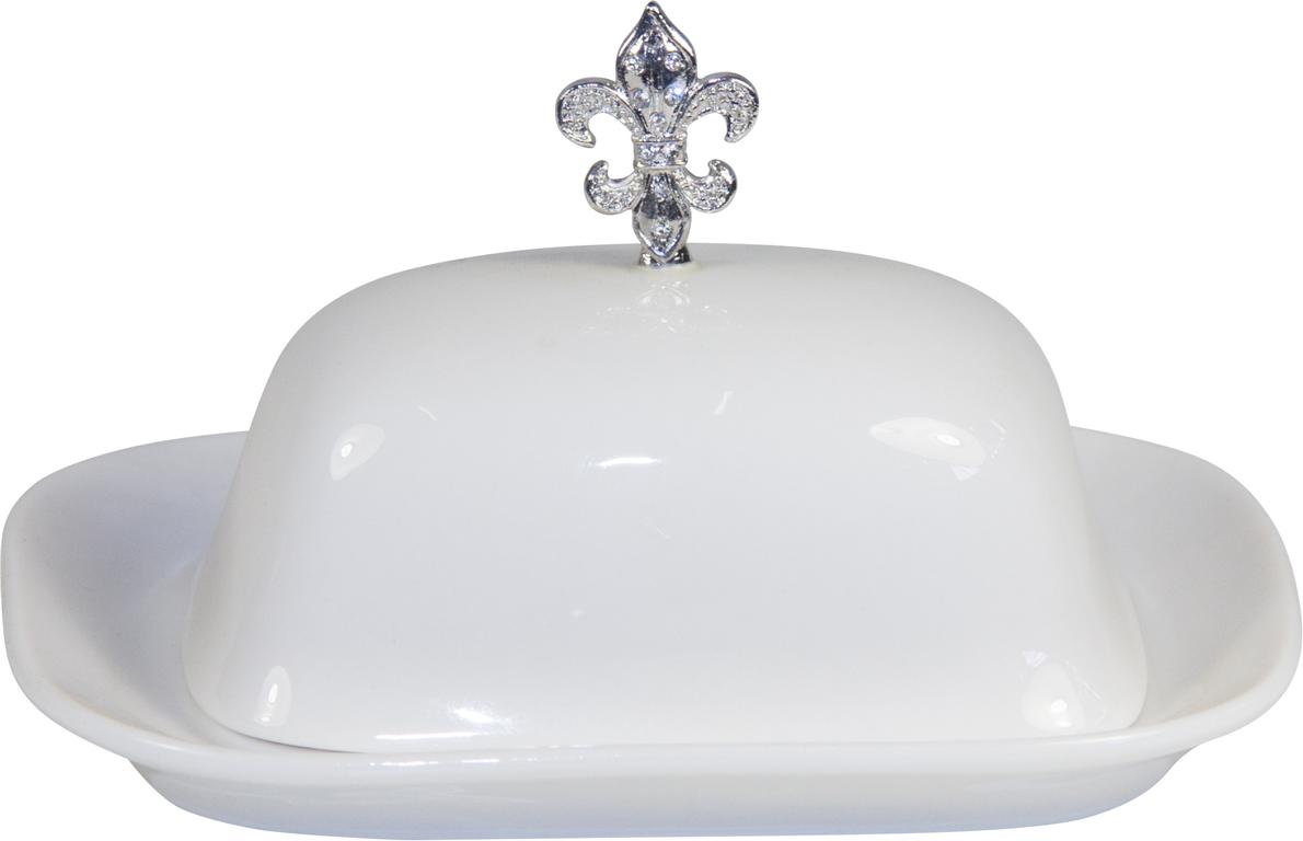 Butterdose aus Porzellan, mit Lilie in silber, für 1/4 Stück Butter, weiß, 16,5x13x8,5cm