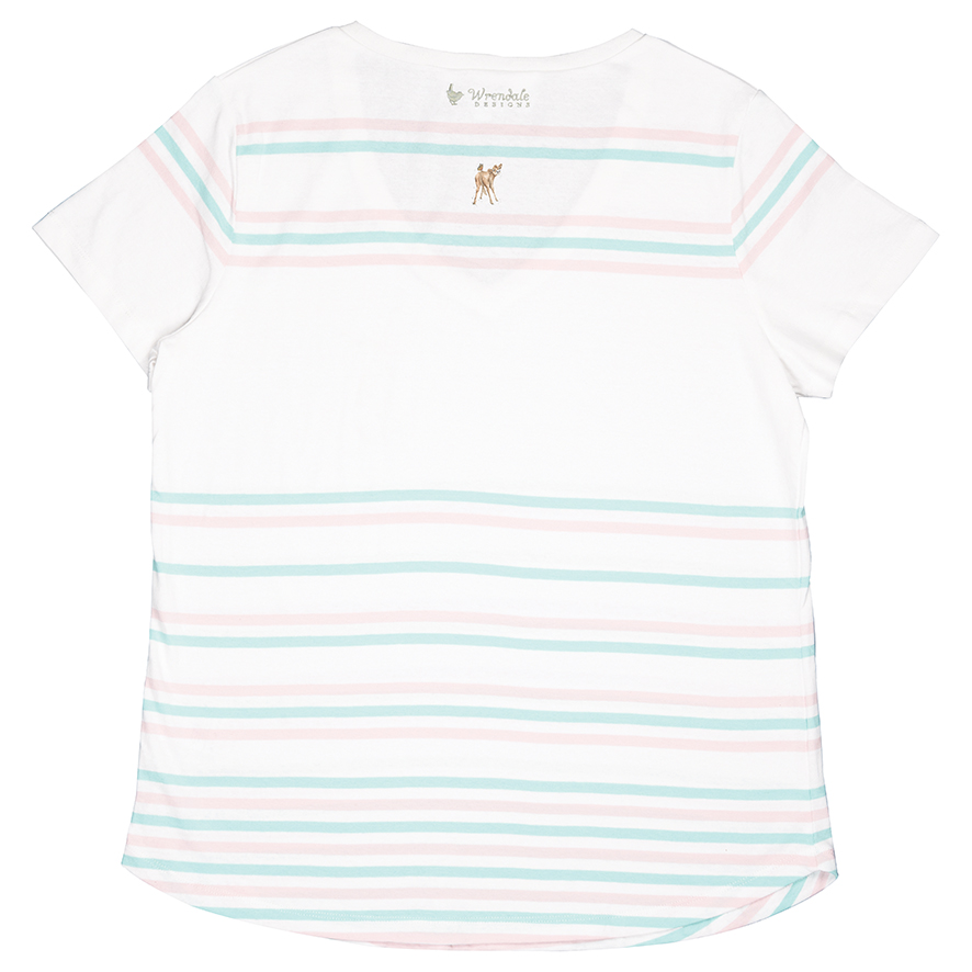 Wrendale T-Shirt, weiß mit Streifen in mint und rosa, Motiv Kälbchen mit Schmetterling, Extra Large Wrendale T-Shirt, weiß mit Streifen in mint und rosa, Motiv Kälbchen mit Schmetterling, Extra Large