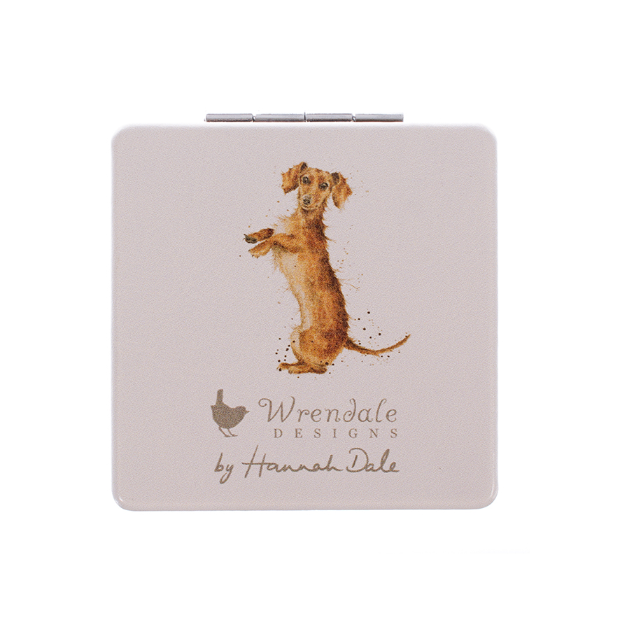 Wrendale Taschenspiegel zum klappen in Geschenkschachtel, Motiv Dackel rennt,hellgrau,7x7cm